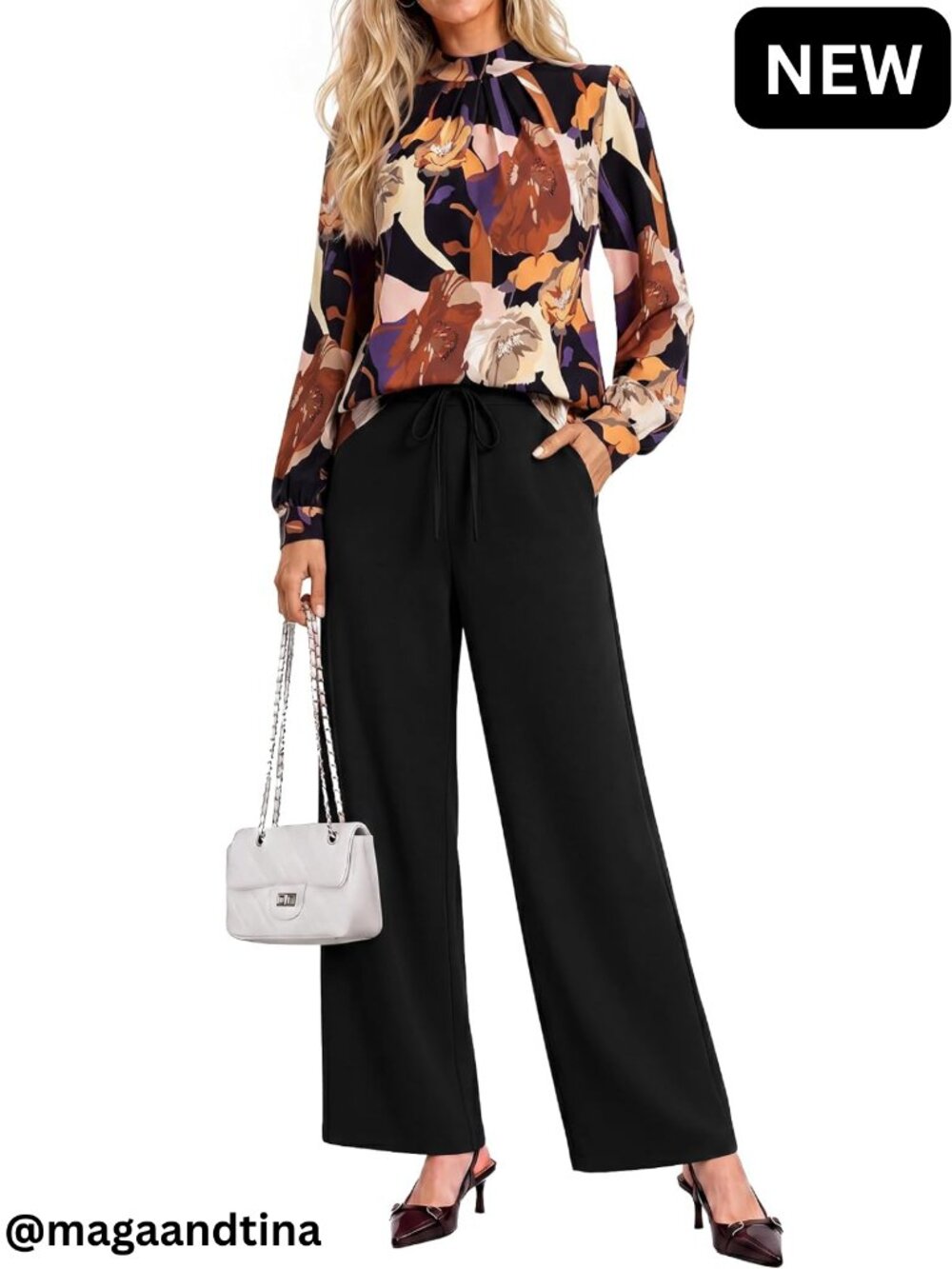 Women 2 Piece Mock Neck Puff Sleeve Top Wide Leg Pant Set